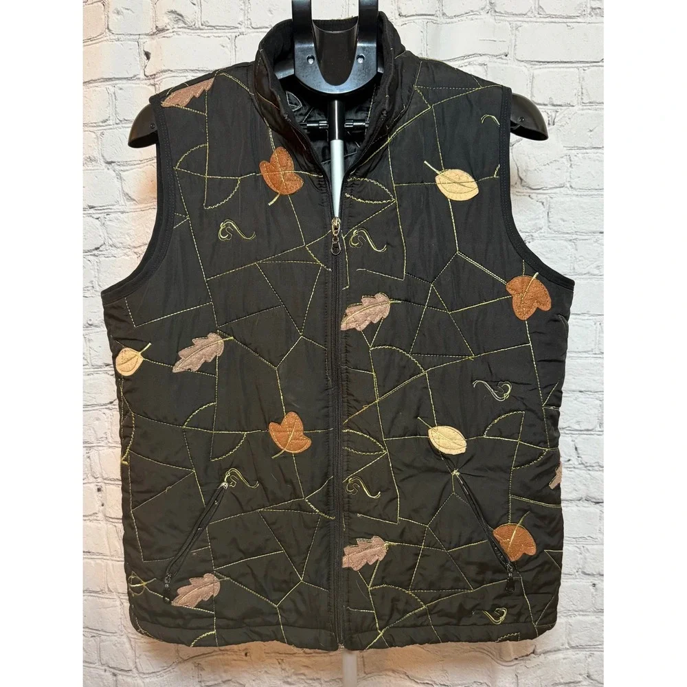 Tall Girl Women's Black Embroidered‎ Leaf Quilted Puffer Vest Full Zip Large